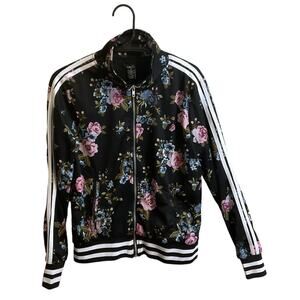 Rue 21 Black Floral Bomber Jacket Mock Neck Sleeve Stripes Size M Full Zip